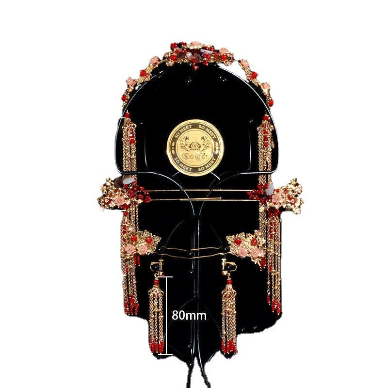 Serenemyst Chinese Style Wedding Bride Gold Plated Plum Blossom Pearls Tassel Hairpin Earrings Set