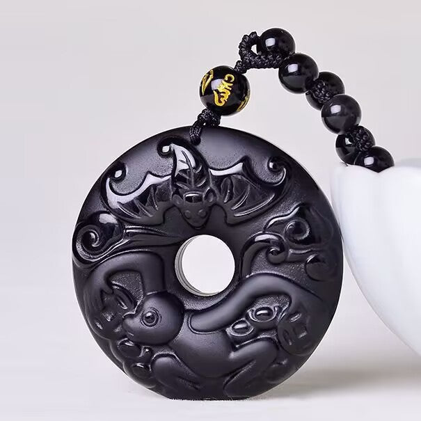 Serenemyst Natural Obsidian Carved Chinese Zodiac Peace Buckle Protection Pendant