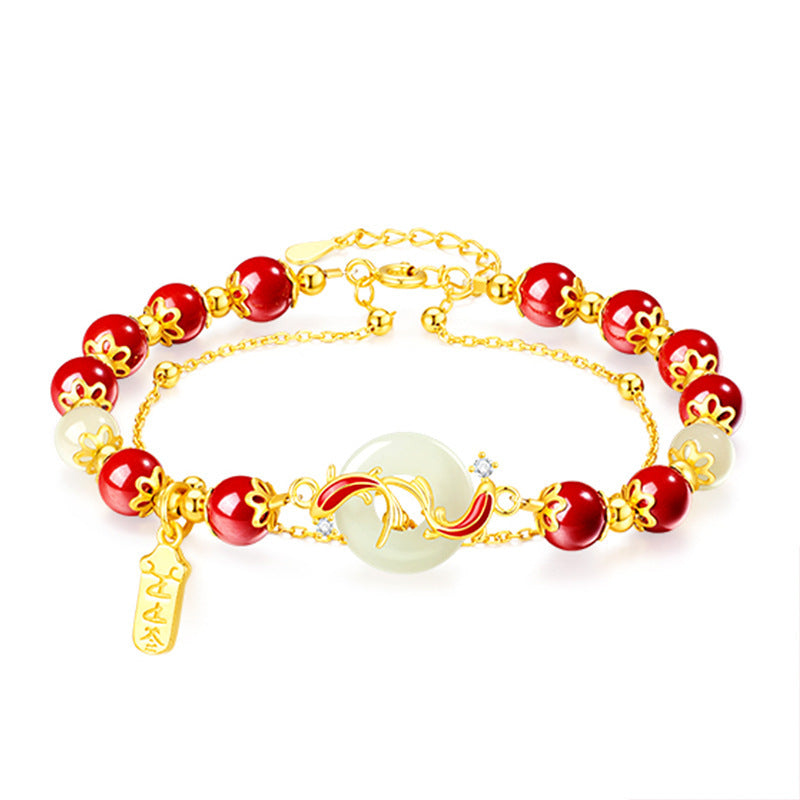 Serenemyst Cinnabar Koi Fish Jade Peace Buckle Fortune Double-Layer Bracelet