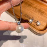 Serenemyst Natural Round Pearl Alloy Inlaid Diamond Healing Charm Necklace Earrings