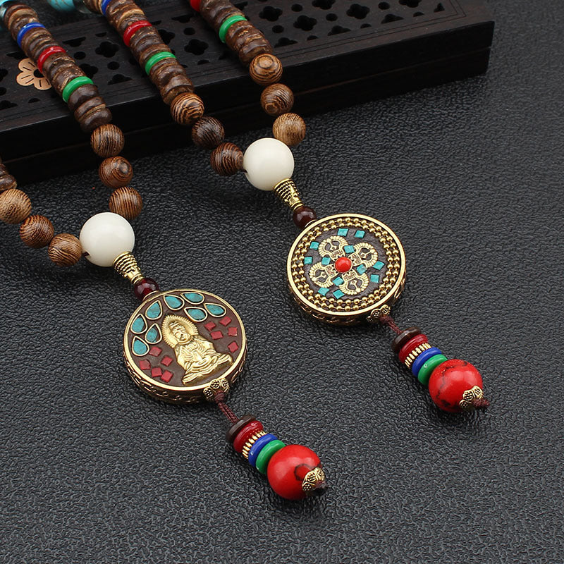 Serenemyst Vintage Nepalese Style Pendant Turquoise Wooden Mala Beads Peace Necklace