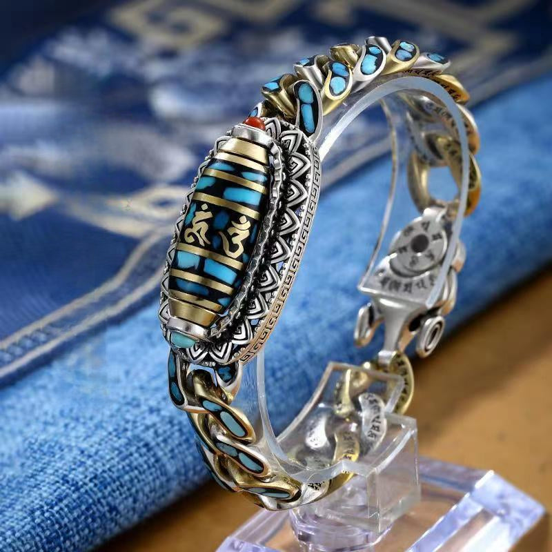 Serenemyst Tibetan Six-Word Mantra Dzi Bead Turquoise Silver Lucky  Rotatable Bracelet