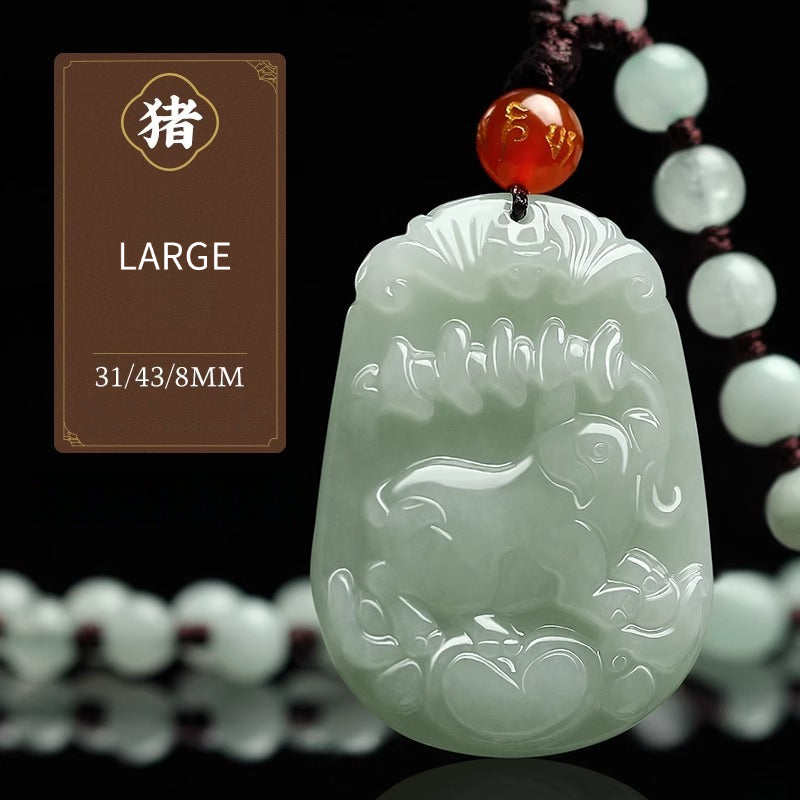 Serenemyst Natural Hetian Jade Chinese Zodiac Protection Pendant With Beads Chain