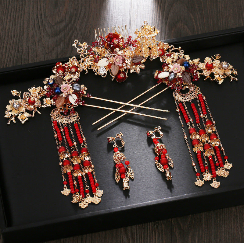 Serenemyst Chinese Style Wedding Bride Golden Floral Fringed Phoenix Crown Set Hairpin Earrings Set