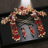Serenemyst Chinese Style Wedding Bride Golden Floral Fringed Phoenix Crown Set Hairpin Earrings Set