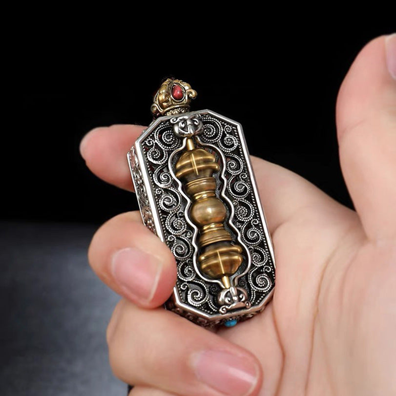 Serenemyst Silver-Plated Copper Eight Treasures Pattern Square Pendant with Vajra for Protection