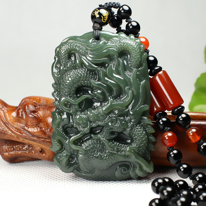 Serenemyst Natural Hetian Jade Dragon Pendant Wealth Prosperity Necklace