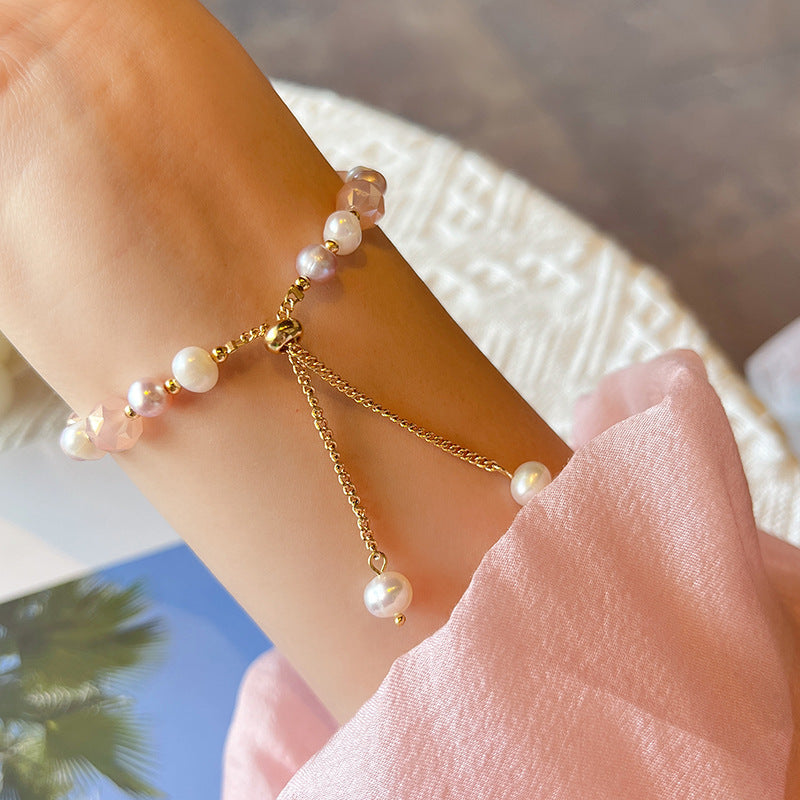 Serenemyst Natural Pearl Rose Quartz Alloy Chain Healing Charm Bracelet