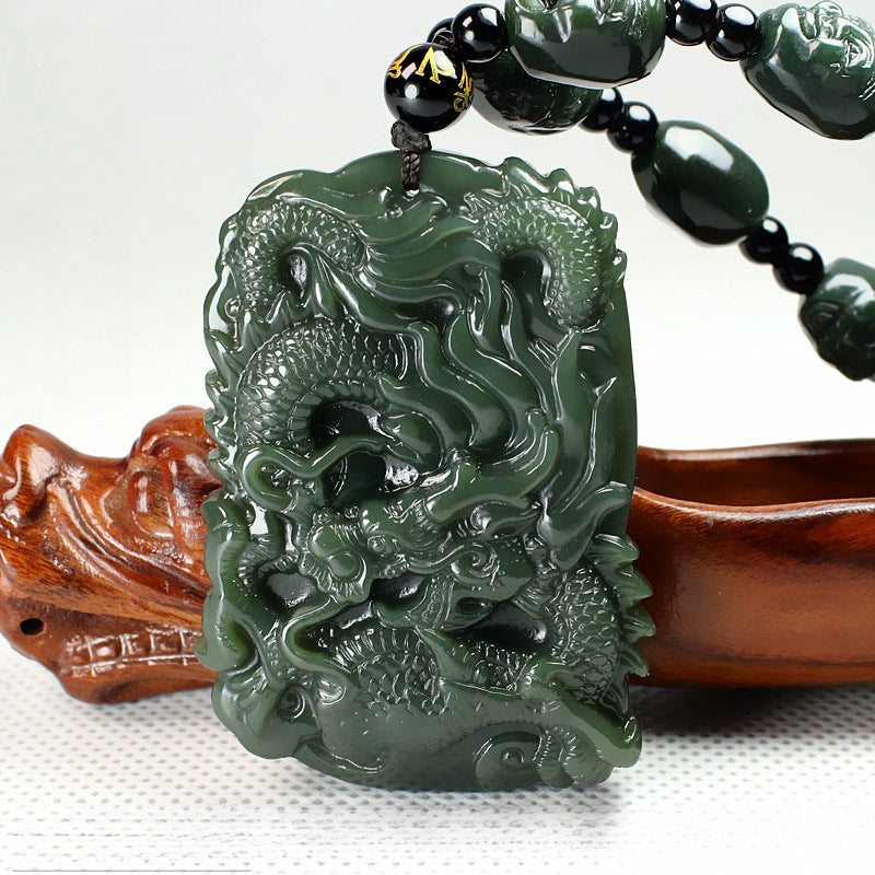 Serenemyst Natural Hetian Jade Dragon Pendant Wealth Prosperity Necklace