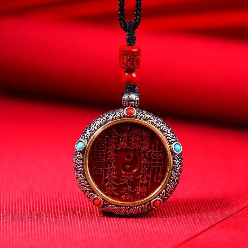 Serenemyst Tibetan Sterling Silver Cinnabar Taoist Mantra Bagua Protection Pendant Necklace