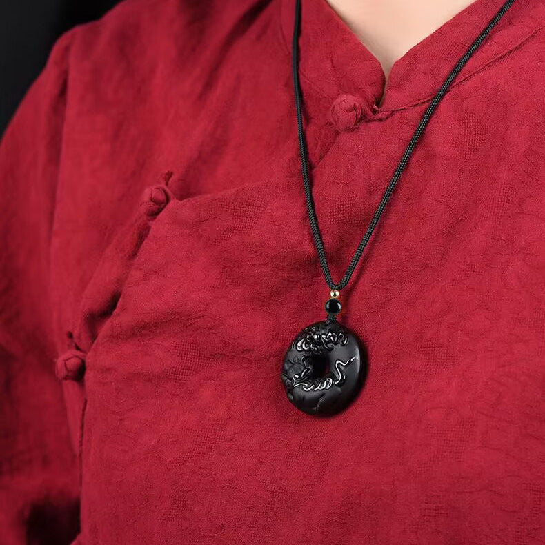 Serenemyst Natural Obsidian Carved Chinese Zodiac Peace Buckle Protection Pendant