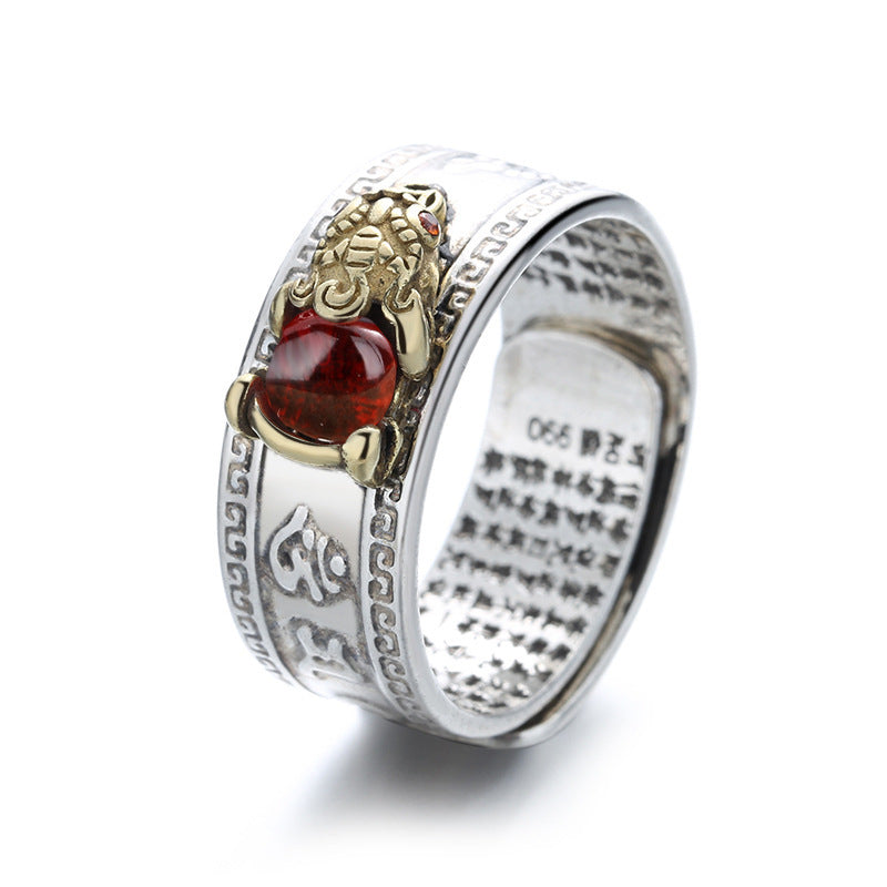 Serenemyst Pixiu Red Garnet Six-Word Mantra Wealth Ring