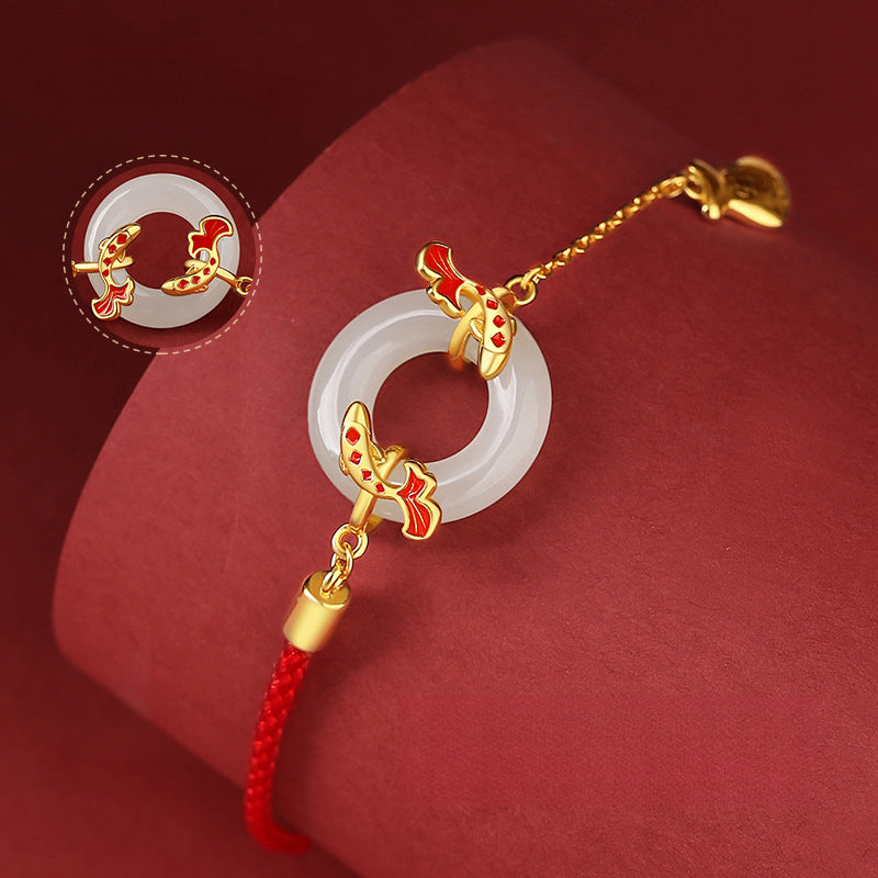 Serenemyst Red String Sterling Silver Koi Fish Jade Buckle Lucky Bracelet