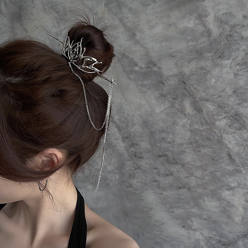 Serenemyst Handmade Alloy Silver-Plated Lotus Floral Long Tassel Healing Hairpin