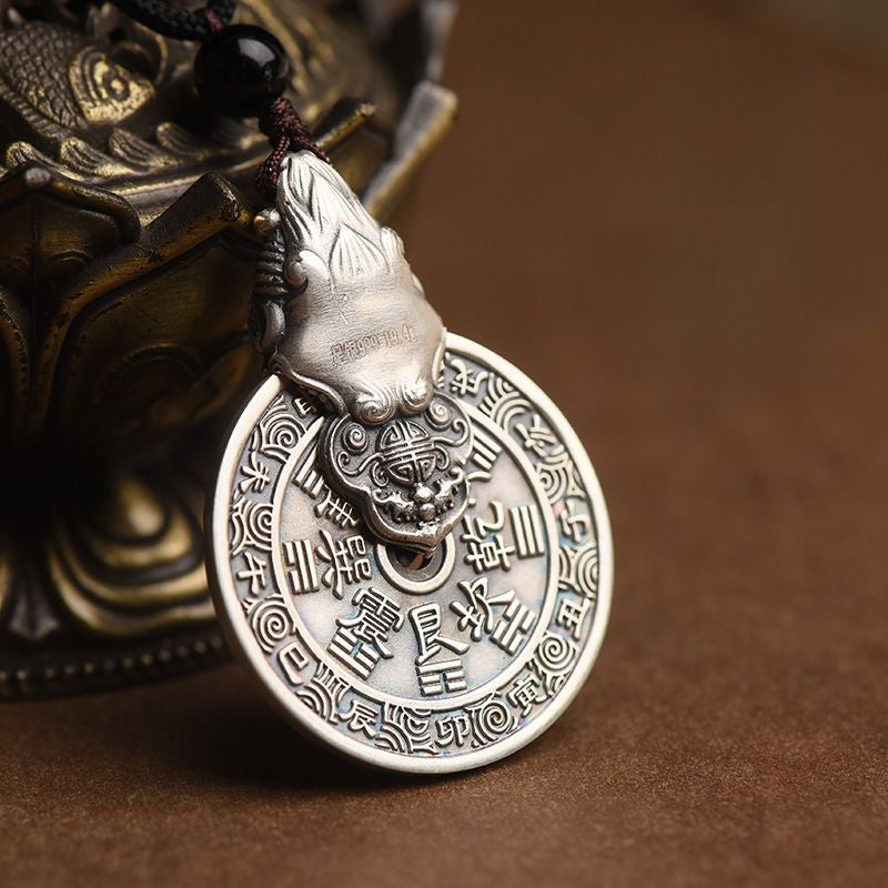 Serenemyst Sterling Silver Pixiu Bagua Coin Pendant Protection Necklace