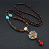 Serenemyst Vintage Nepalese Style Pendant Turquoise Wooden Mala Beads Peace Necklace