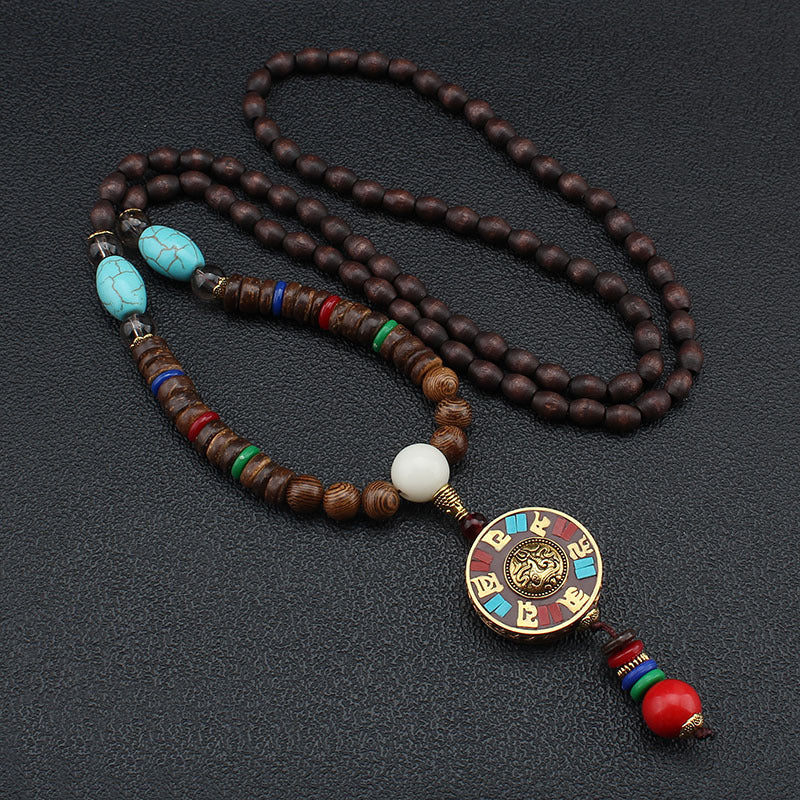 Serenemyst Vintage Nepalese Style Pendant Turquoise Wooden Mala Beads Peace Necklace