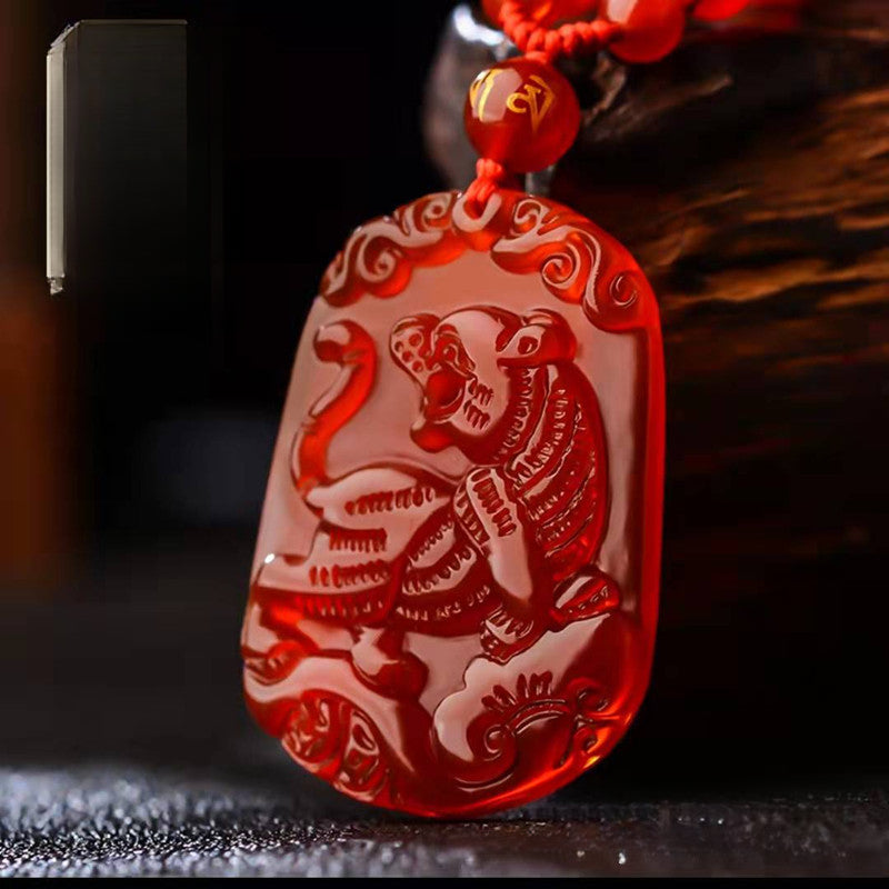 Serenemyst Natural Red Agate Carved Chinese Zodiac Protection Pendant