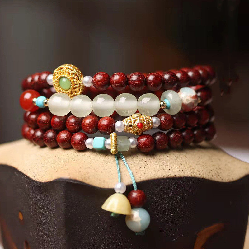Serenemyst Lobular Red Sandalwood Bell And Drum Wisdom Mala Bracelet