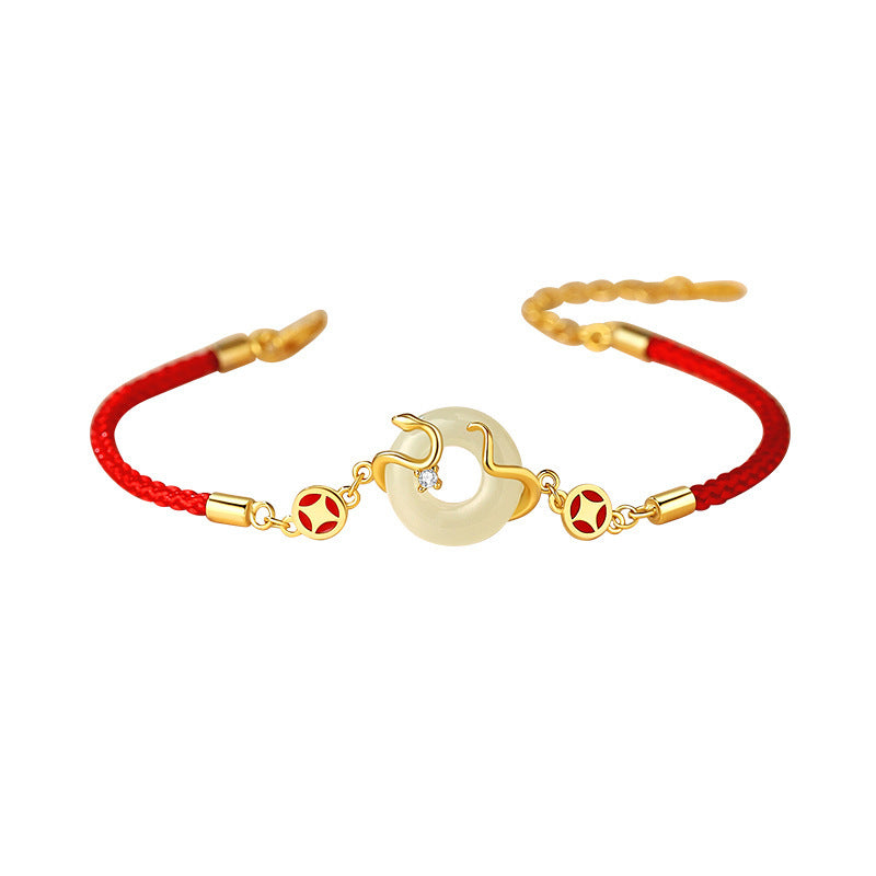 Serenemyst Red String Golden Snake Jade Peace Buckle Fortune Bracelet