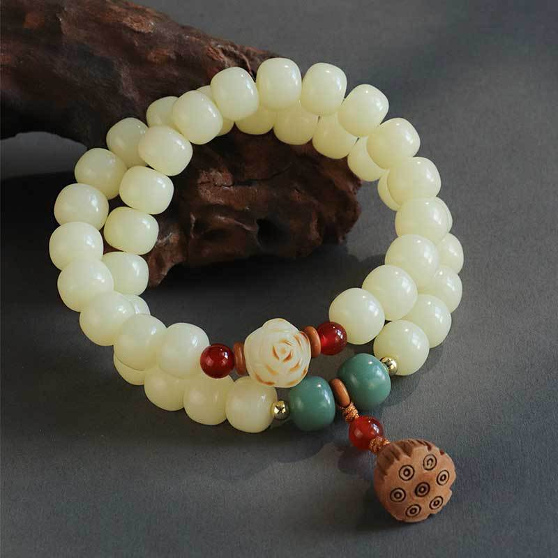 Serenemyst Handmade Bodhi Root Jade Beads  Lotus-Pod Pendant Harmony Mala Bracelet