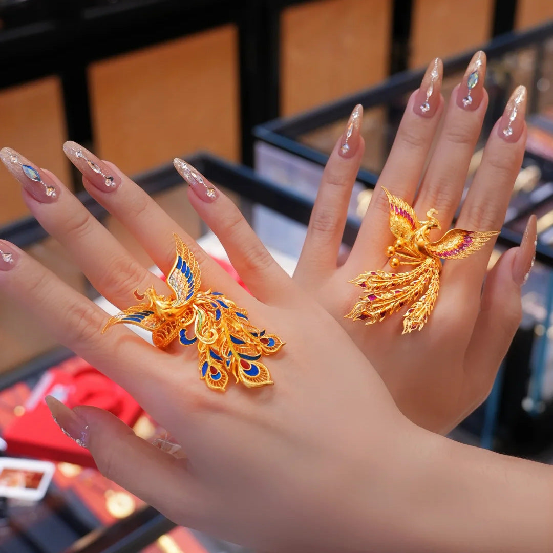 Serenemyst Handmade Enamel Gradient Color Feather Gold Phoenix Wealth Ring