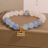 Serenemyst White Agate Aquamarine Beads Enamel Peace Lock Protection Bracelet