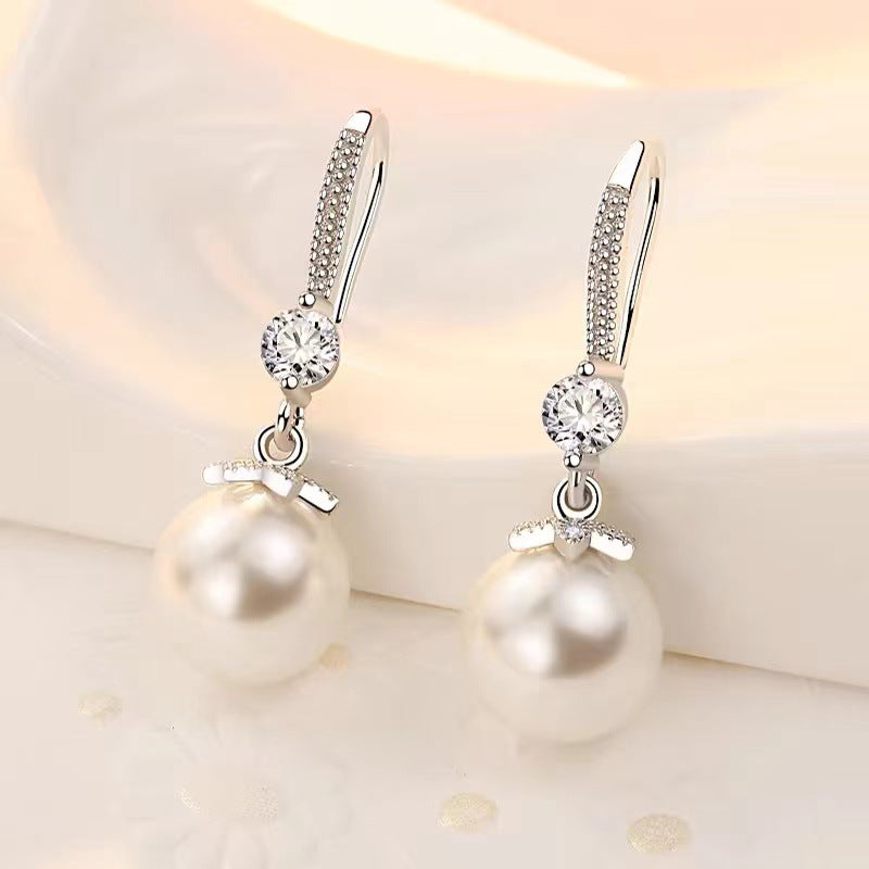Serenemyst Natural Round Pearl Sterling Silver Inlaid Zircon Healing Earrings