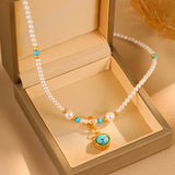 Serenemyst Turquoise Copper Gold-Plated White Pearl Healing Calm Necklace