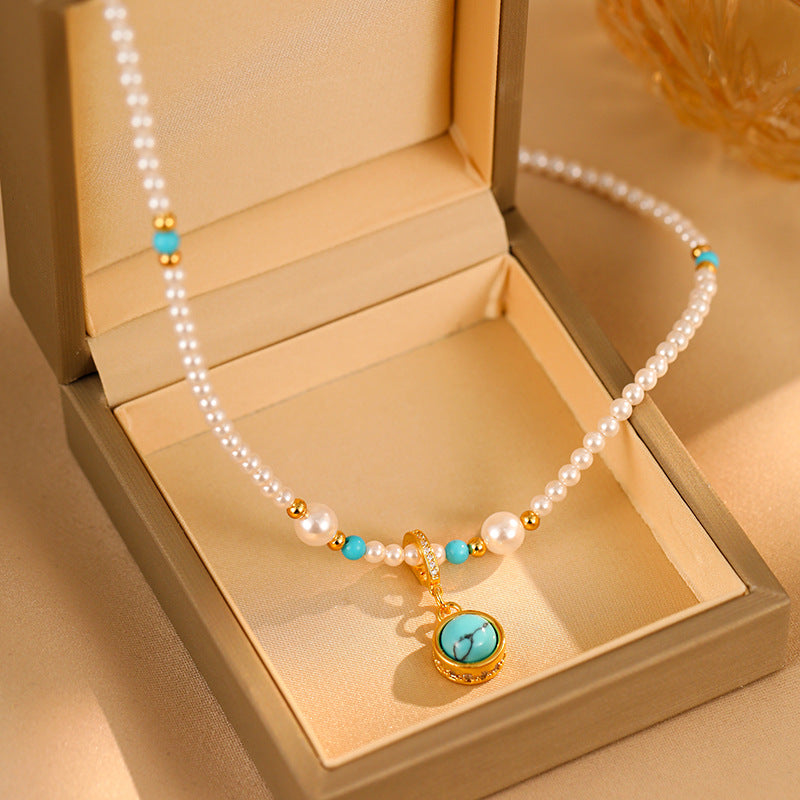 Serenemyst Turquoise Copper Gold-Plated White Pearl Healing Calm Necklace