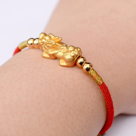 Serenemyst Red String Sterling Silver Gold-plated Pixiu Protection Wealth Bracelet