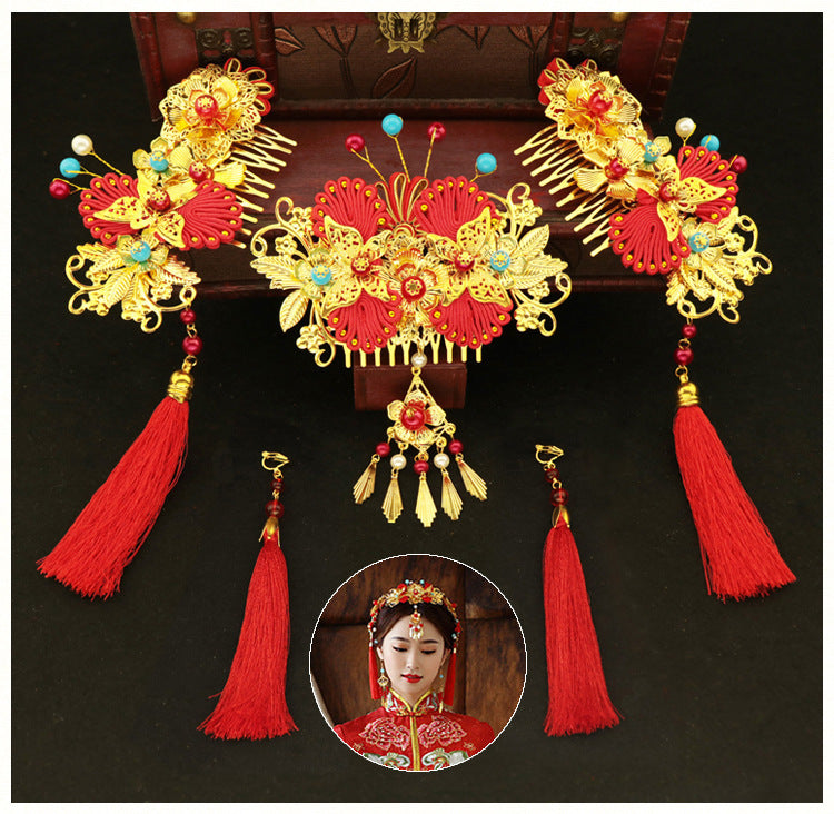 Serenemyst Chinese Style Wedding Bride Gold Plated Butterfly Style Red Tassel Hairpin Earrings Set