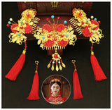 Serenemyst Chinese Style Wedding Bride Gold Plated Butterfly Style Red Tassel Hairpin Earrings Set