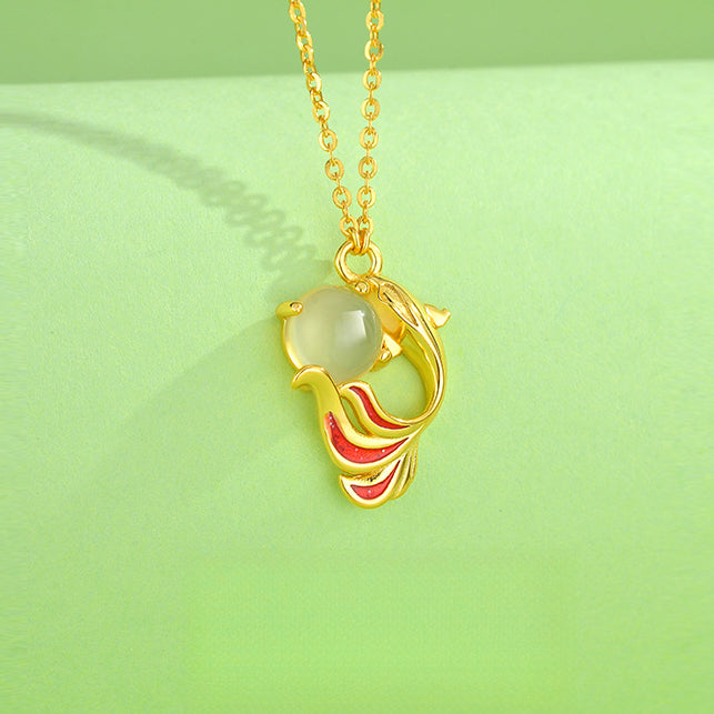 Serenemyst Sterling Silver Koi Fish Chalcedony Pendant Fortune Necklace