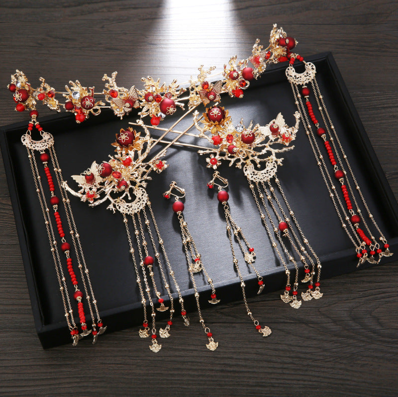 Serenemyst Chinese Style Wedding Bride Golden Floral Fringed Phoenix Crown Set Hairpin Earrings Set