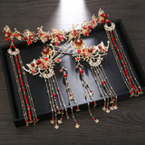 Serenemyst Chinese Style Wedding Bride Golden Floral Fringed Phoenix Crown Set Hairpin Earrings Set