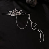 Serenemyst Handmade Alloy Silver-Plated Lotus Floral Long Tassel Healing Hairpin
