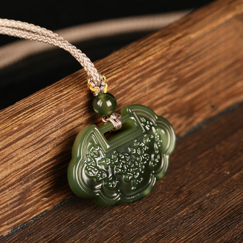 Serenemyst Natural Hetian Jade Ruyi Lock Pendant  Protection Peace Necklace