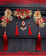 Serenemyst Chinese Style Wedding Bride Gold Plated Butterfly Style Red Tassel Hairpin Earrings Set
