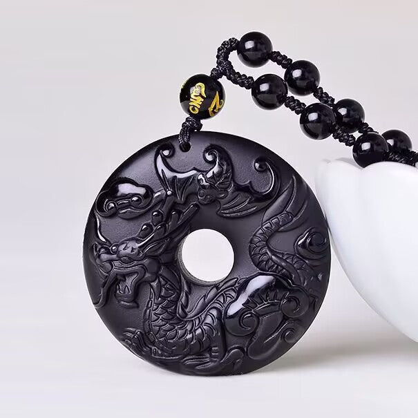 Serenemyst Natural Obsidian Carved Chinese Zodiac Peace Buckle Protection Pendant