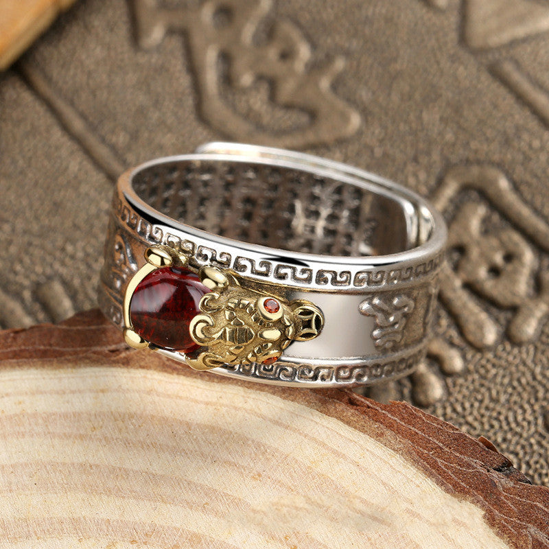 Serenemyst Pixiu Red Garnet Six-Word Mantra Wealth Ring