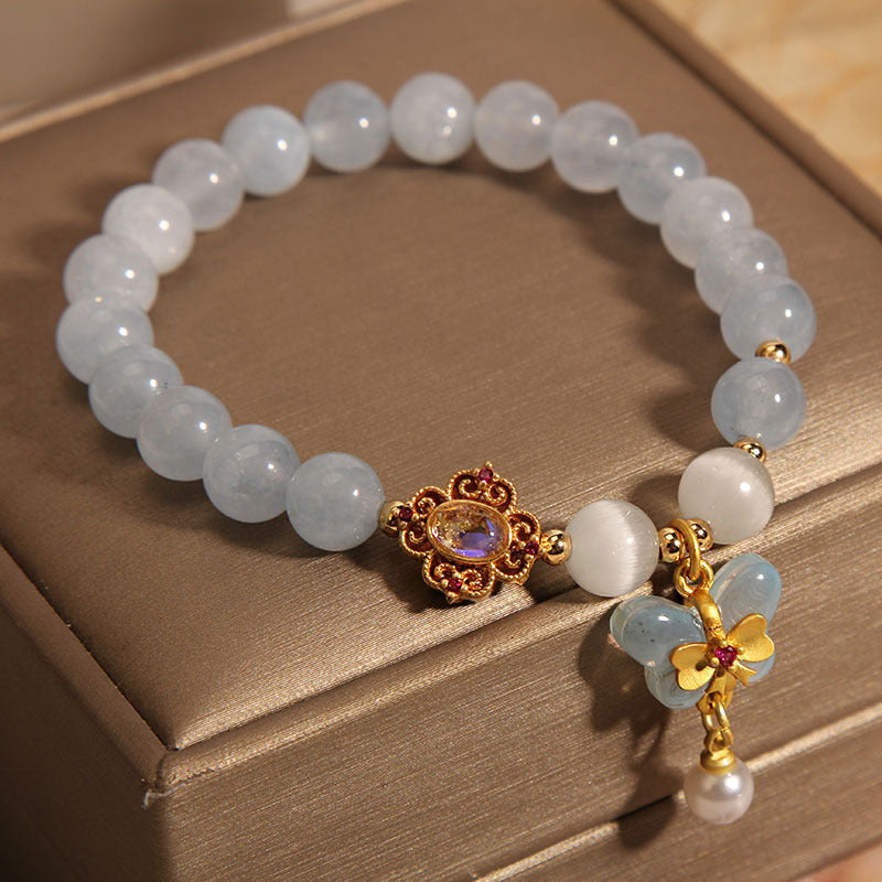 Serenemyst Natural Aquamarine Butterfly Pearl Pendant Healing Charm Bracelet