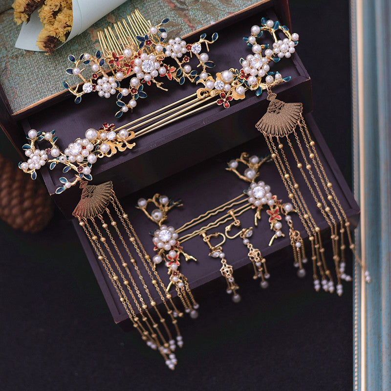 Serenemyst Chinese Style Wedding Bride Golden Fringed Phoenix Crown Set Pearl Hairpin Earrings Set