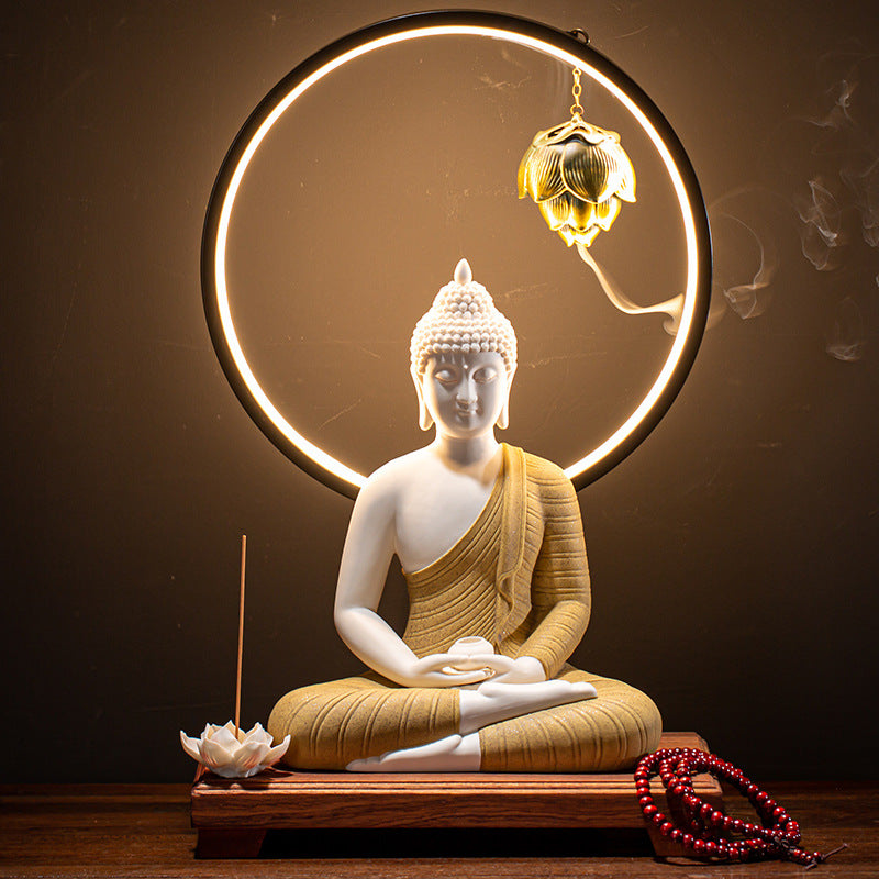 Serenemyst Colorful Ceramic Sakyamuni Buddha Statue Protection Lamp Decoration