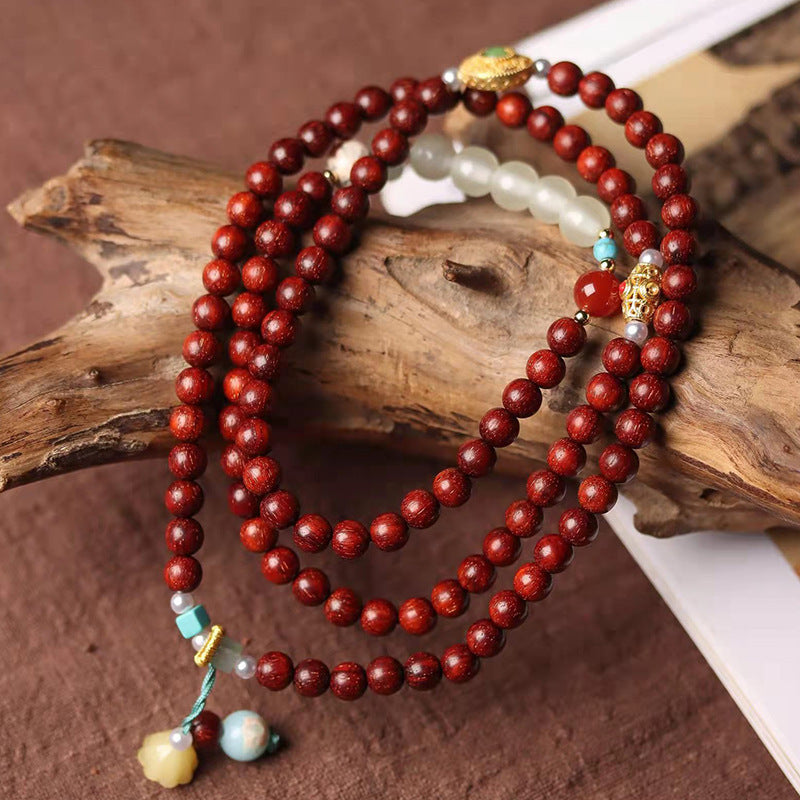 Serenemyst Lobular Red Sandalwood Bell And Drum Wisdom Mala Bracelet