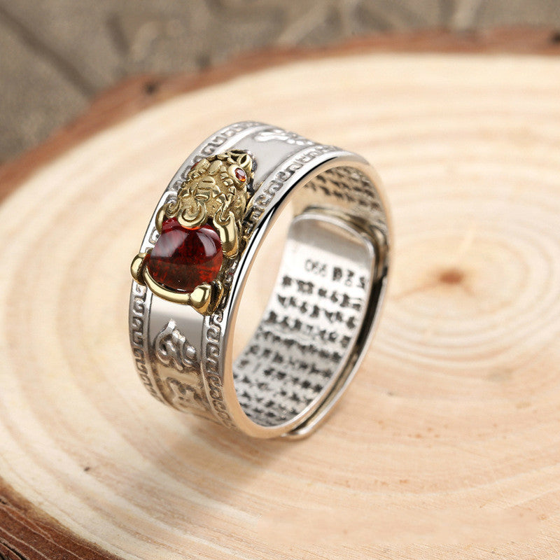 Serenemyst Pixiu Red Garnet Six-Word Mantra Wealth Ring