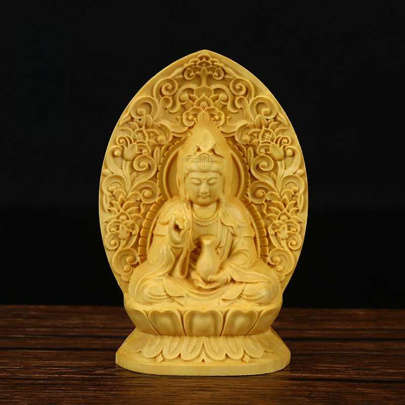 Serenemyst Handmade Big Leaf Boxwood Buddha Statue Protection Decoration