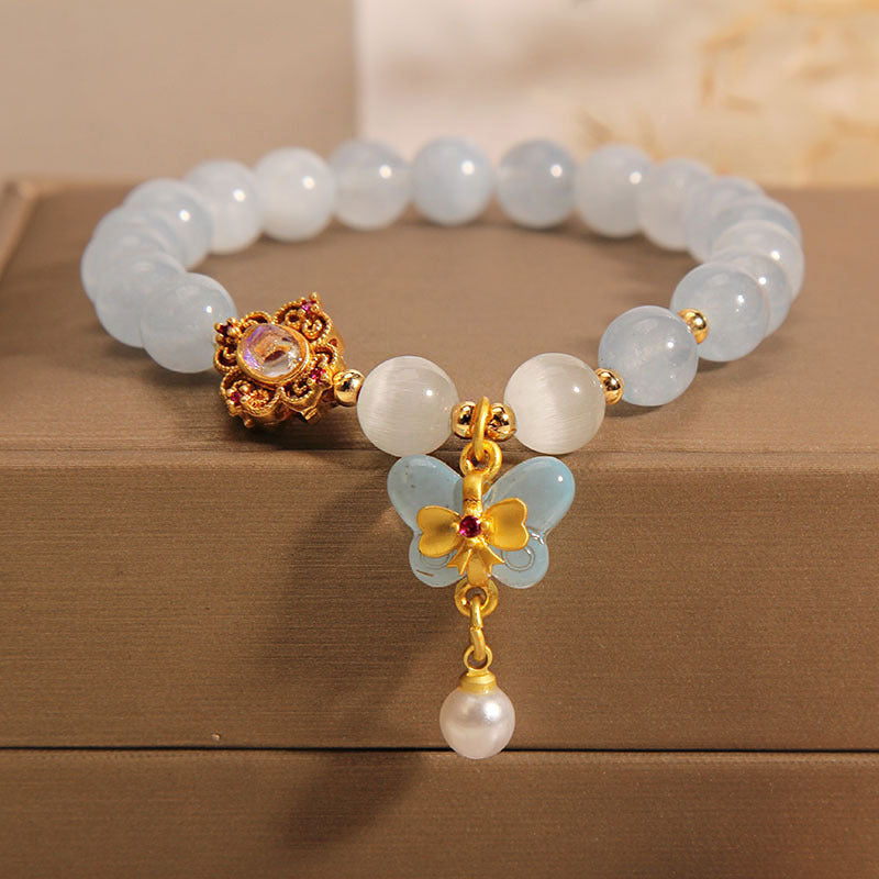 Serenemyst Natural Aquamarine Butterfly Pearl Pendant Healing Charm Bracelet